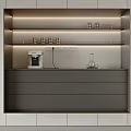 Modern White And Gray Built-in Sideboard With LED Lighting Glass Shelves And Glassware Appliances