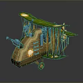 Vintage Biplane 3D Model With Green Wings Brown Fuselage Blue Mechanical Parts And Yellow Lights