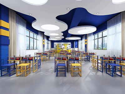 School Classroom Interior With Blue Yellow Desks Chairs Round White Lights And Large Windows 3d model