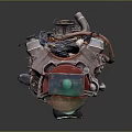 Detailed Industrial Engine With Pipes Cables Red Fan And Metal Parts