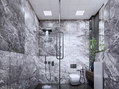 Modern Bathroom Interior With Marble Walls Glass Shower Enclosure Toilet Vanity And Mirror 3d model