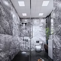 Modern Bathroom Interior With Marble Walls Glass Shower Enclosure Toilet Vanity And Mirror