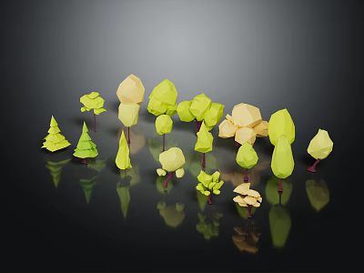 Low Poly Green And Yellow Plants With Various Shapes On Dark Reflective Background 3d model