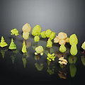 Low Poly Green And Yellow Plants With Various Shapes On Dark Reflective Background