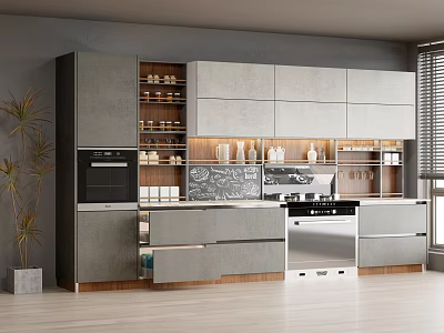 Modern Kitchen Interior Design With Gray Cabinets Open Shelves And Appliances 3d model