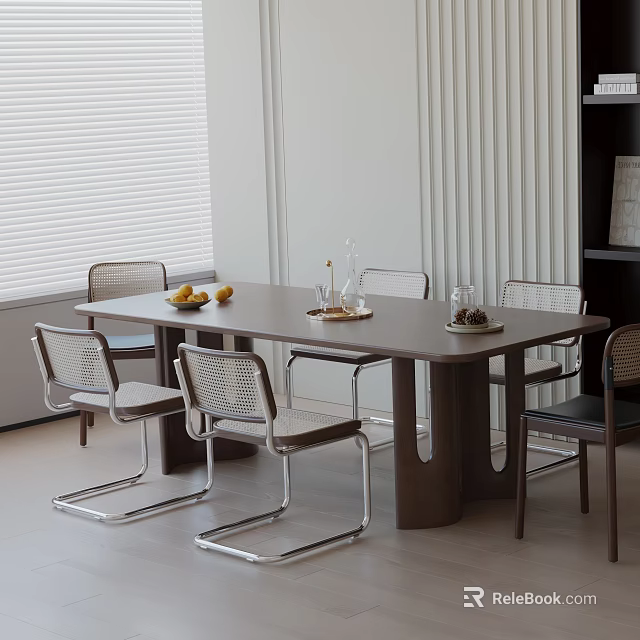 Modern Dining Table Set With Metal Frame Woven Chairs Fruits Decor And Window 3d model 