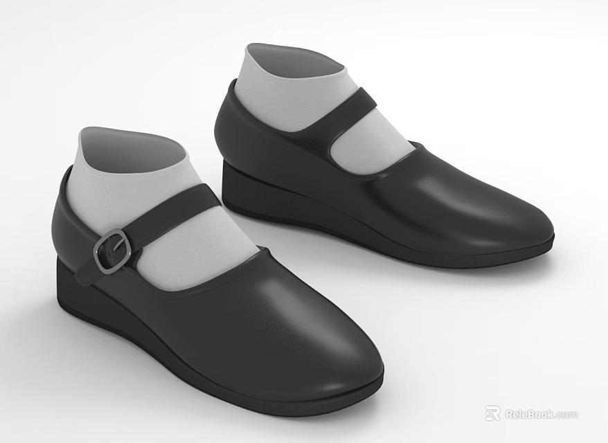 Women's Black Leather Shoes with Buckle Strap and Wedge Heel for Casual Comfortable Wear 3d model 