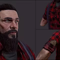 Realistic Male 3D Character with Black Hair Beard Red Black Plaid Shirt and Black Suspenders