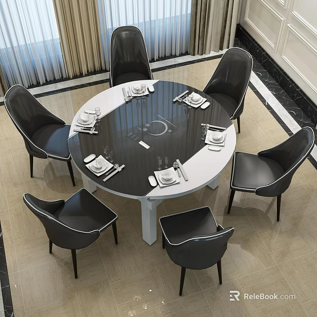 Modern Round Dining Table Set With Black Chairs White Legs And Tableware 3d model