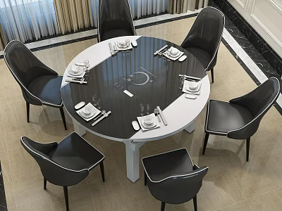 Modern Round Dining Table Set With Black Chairs White Legs And Tableware 3d model