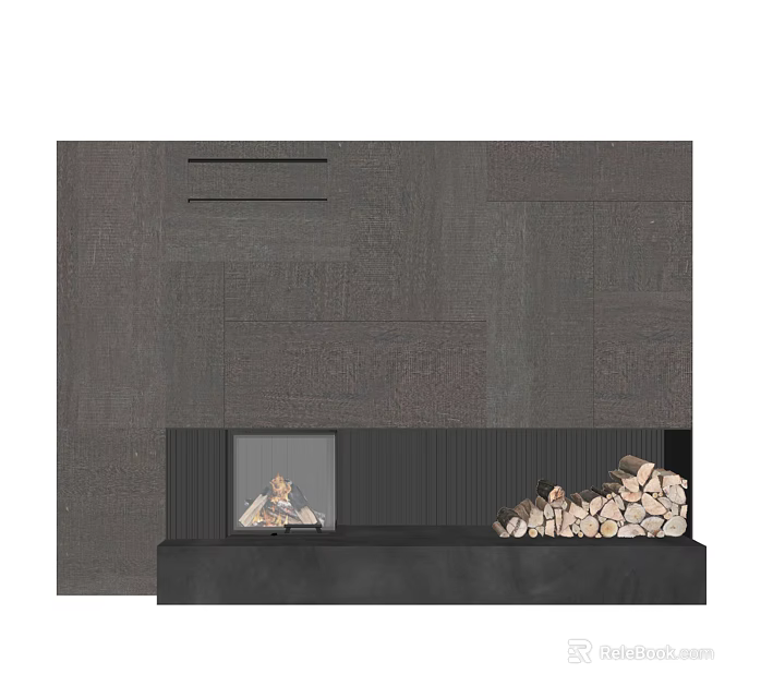 Modern Minimalist Fireplace Interior With Dark Stone Wall And Wood Stack 3d model