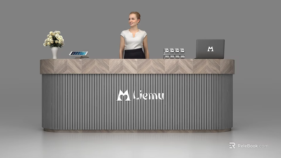 Modern Gray Wooden Reception Desk with Flower Vase Laptop Documents and Lemu Logo 3d model 