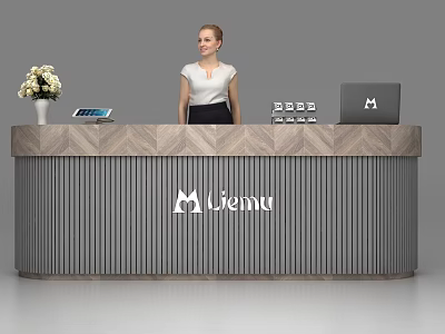 Modern Gray Wooden Reception Desk with Flower Vase Laptop Documents and Lemu Logo 3d model
