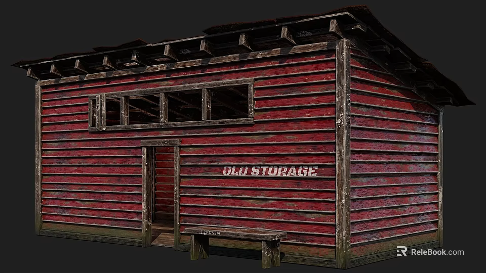 Old Storage Red Wooden Building Exterior With Vintage Windows And Bench 3d model 