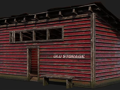 Old Storage Red Wooden Building Exterior With Vintage Windows And Bench 3d model