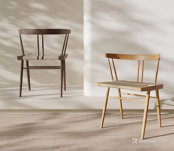 Modern Wooden Dining Chairs With Woven Seats Different Colors And Minimalist Design In Interior Space 3d model 