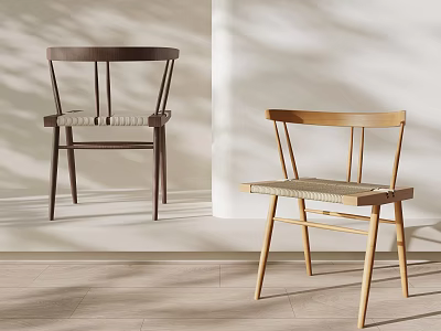 Modern Wooden Dining Chairs With Woven Seats Different Colors And Minimalist Design In Interior Space 3d model