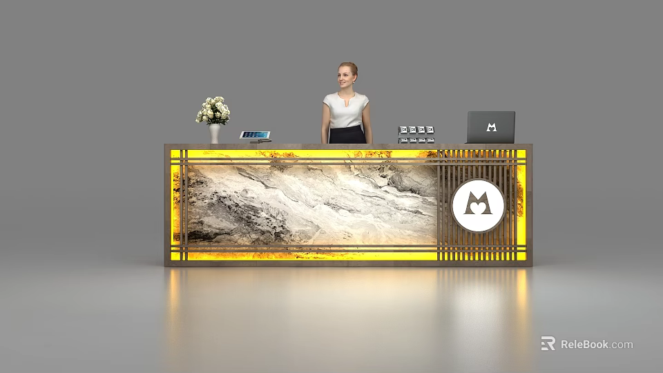 Modern Reception Desk With Marble Surface Gold Trim Circular M Logo And Flower Vase Laptop 3d model 