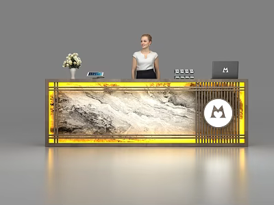 Modern Reception Desk With Marble Surface Gold Trim Circular M Logo And Flower Vase Laptop 3d model