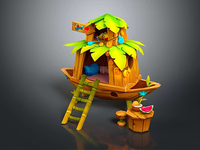 Decorative Wooden Boat Water Vehicle With Leaf Roof Ladder Small Table And Watermelon Decoration 3d model
