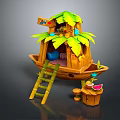 Decorative Wooden Boat Water Vehicle With Leaf Roof Ladder Small Table And Watermelon Decoration