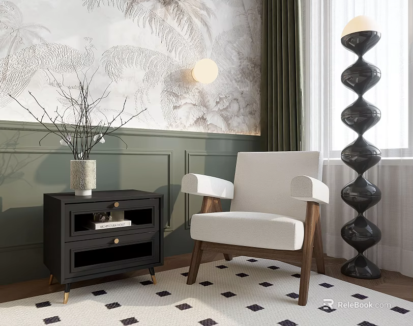 Modern Armchair In Living Room With Green Wall Decorative Painting And Side Table 3d model 