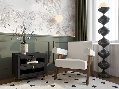 Modern Armchair In Living Room With Green Wall Decorative Painting And Side Table 3d model