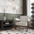 Modern Armchair In Living Room With Green Wall Decorative Painting And Side Table