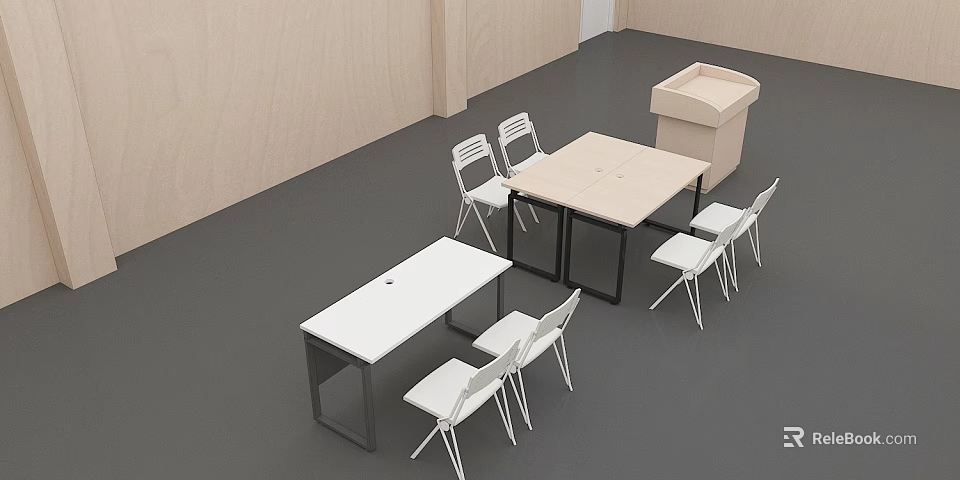 Modern Office Desks With White Chairs In A Minimalist Interior Design 3d model 