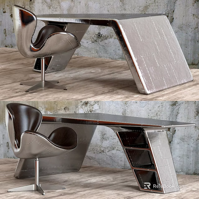 Modern Office Desk With Sleek Metal Frame Leather Chair And Storage Shelves 3d model 