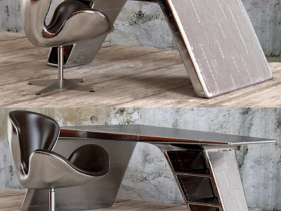Modern Office Desk With Sleek Metal Frame Leather Chair And Storage Shelves 3d model