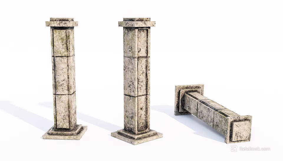 Ancient Stone Columns With Textured Surfaces Two Standing And One Fallen 3d model 