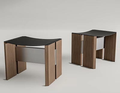 Two Modern Wooden Stools with Black Seats and Sleek Structure Design 3d model