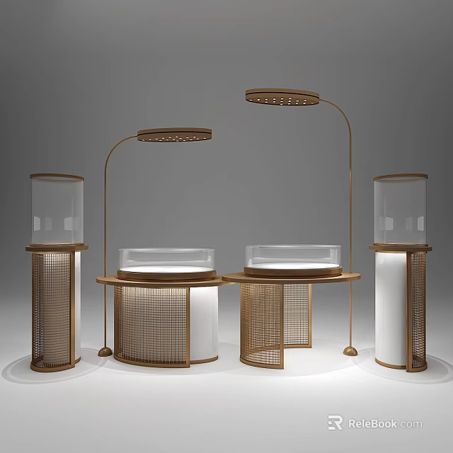 Elegant Jewelry Store Interior With Glass Display Cases Brass Lamps And Circular Rattan Counters 3d model 