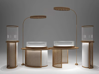Elegant Jewelry Store Interior With Glass Display Cases Brass Lamps And Circular Rattan Counters 3d model