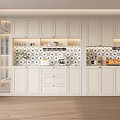Modern Sideboard With White Cabinets Drawers Tile Backsplash And Decorative Items 3d model