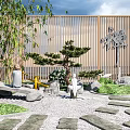 Japanese Dry Landscape Garden With Stones Gravel Pine Trees And Wooden Fence