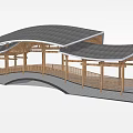 Wooden Landscape Bridge With Open Curved Design Roofed Structure And Railings