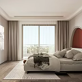 Modern Bedroom Interior With Red Accent Wall Large Bed And Floor To Ceiling Windows