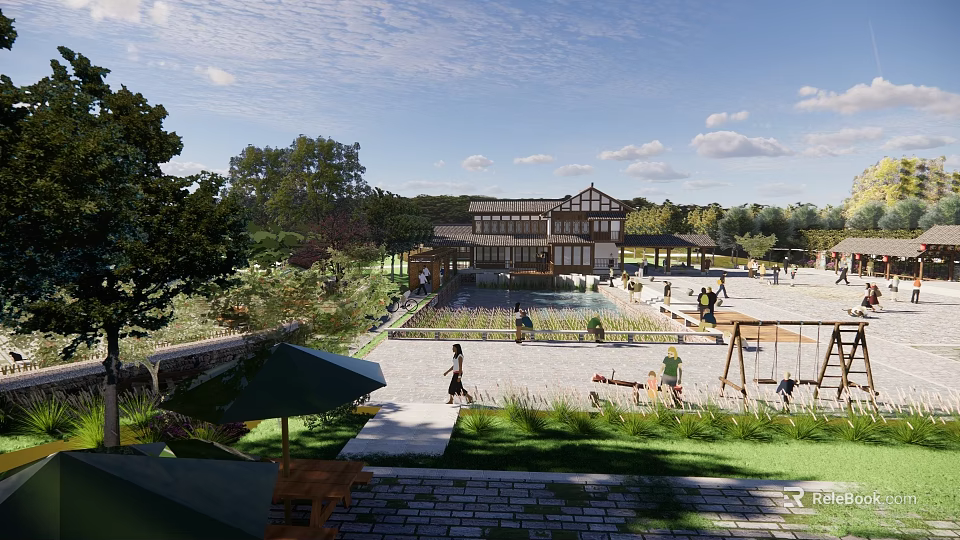 Outdoor Leisure Space With Traditional Architecture Trees Grass And People Enjoying Activities 3d model 
