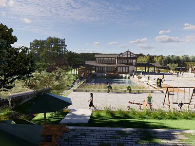 Outdoor Leisure Space With Traditional Architecture Trees Grass And People Enjoying Activities 3d model