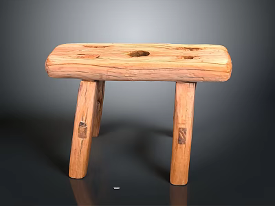 Rustic Natural Wood Stool Furniture Featuring Rectangular Seat With Central Hole And Four Legs 3d model