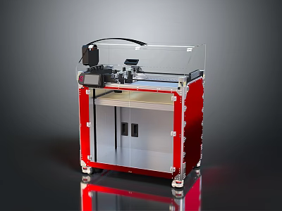 Red Industrial Machine With Transparent Protective Cover Metal Frame And Mobile Wheels 3d model