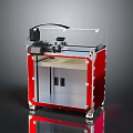 Red Industrial Machine With Transparent Protective Cover Metal Frame And Mobile Wheels