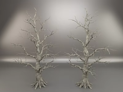 Two Leafless Trees with Bare Branches and Exposed Roots on Grey Background 3d model