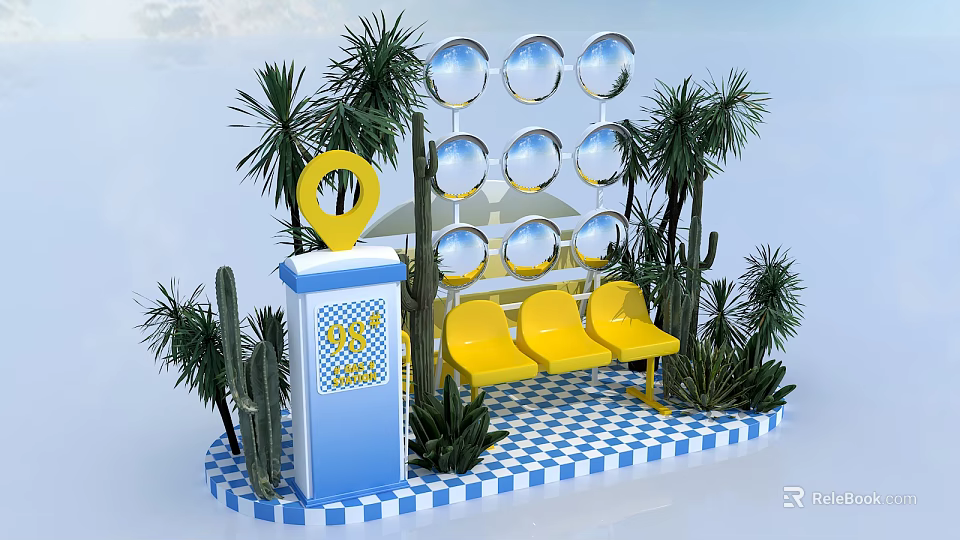 Bonsai Potted Plants With Palm Trees Cactus Yellow Chairs And Blue White Checkered Floor 3d model 