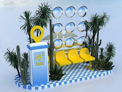Bonsai Potted Plants With Palm Trees Cactus Yellow Chairs And Blue White Checkered Floor 3d model