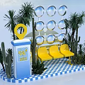 Bonsai Potted Plants With Palm Trees Cactus Yellow Chairs And Blue White Checkered Floor