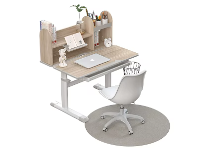 Light Wood Top Desk with White Legs Laptop Desk Lamp and White Office Chair 3d model