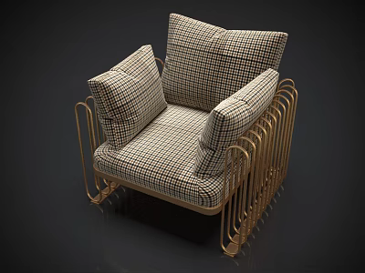 Modern Elegant Single Sofa with Plaid Pattern Cushions and Golden Metal Frame 3d model
